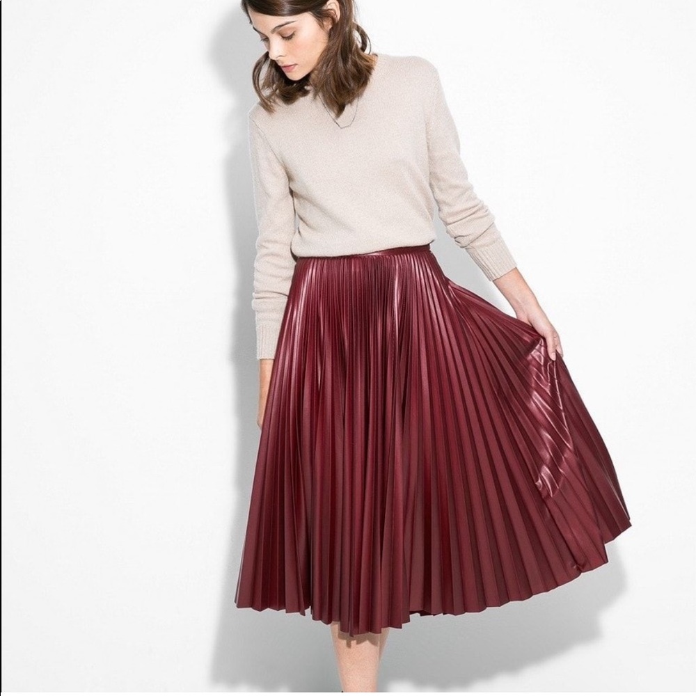 Mango Faux Leather Pleated Maroon/Burgundy Deep Red Midi Skirt